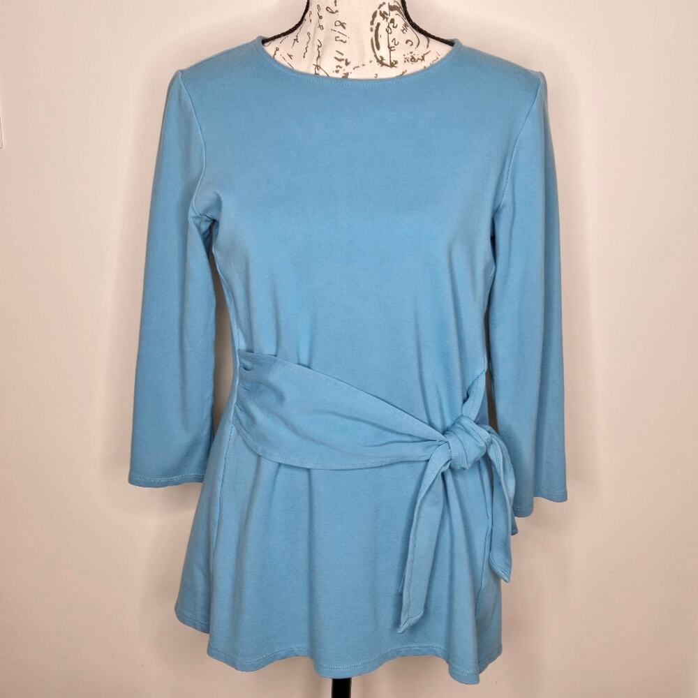 J. JILL Ponte Teal Blue 3/4 Sleeve Tunic Top with Waist Tie Size XS